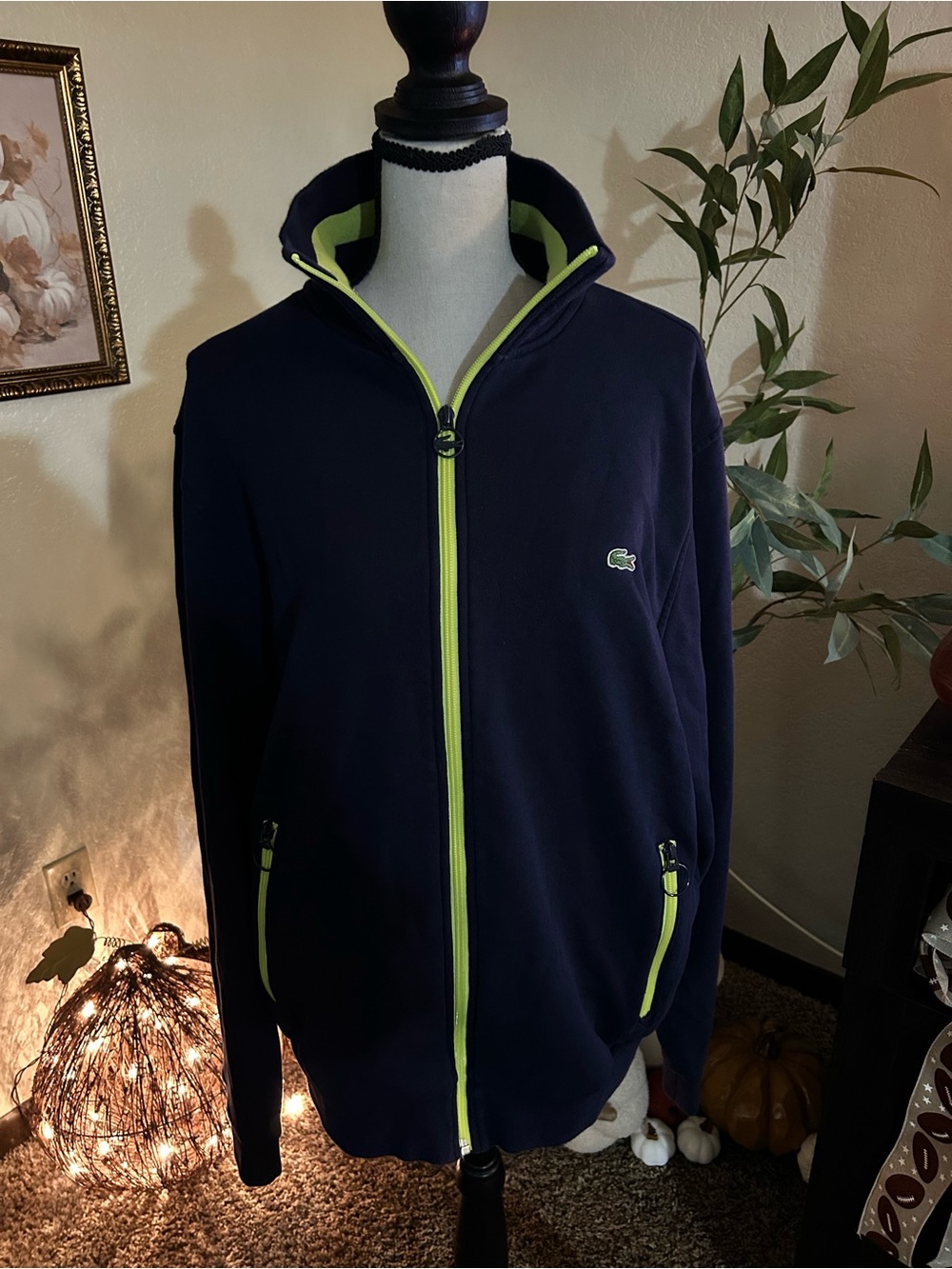 Vintage Devanlay Lacoste Men's Navy Zip-Up Jacket with Green Trim